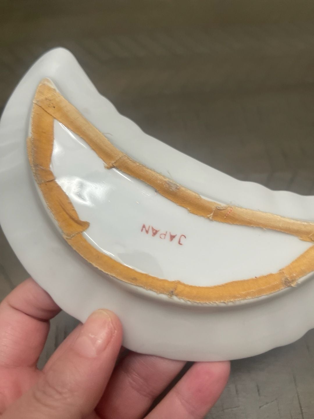 Vintage Japan Bone Dish Crescent Plate Violet Floral Gold Trim 5