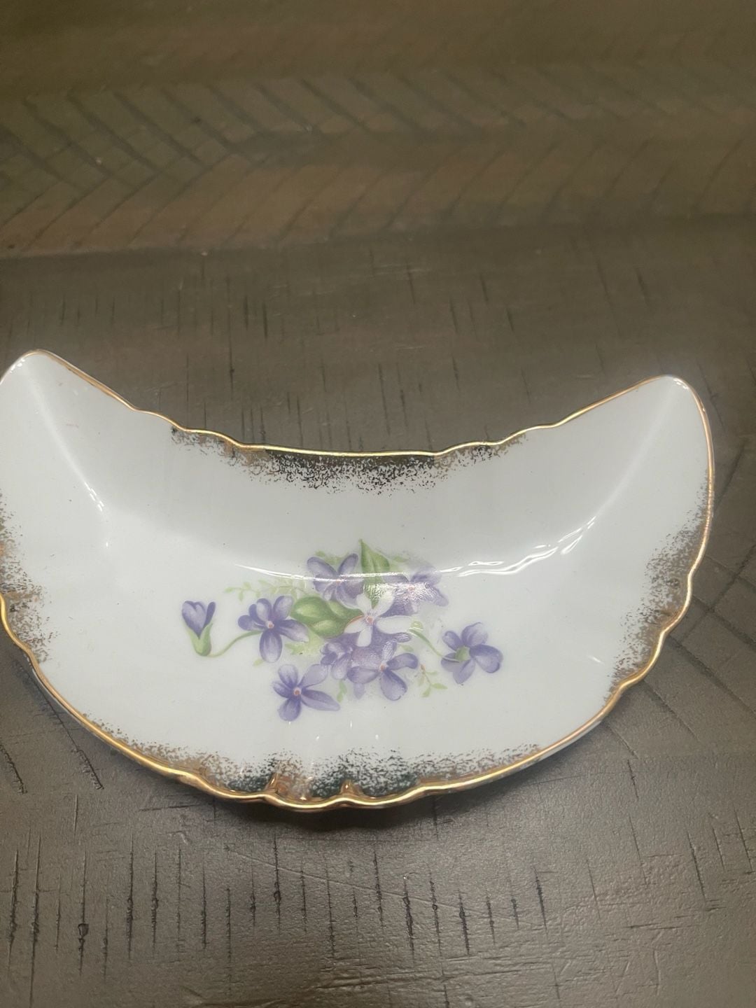 Vintage Japan Bone Dish Crescent Plate Violet Floral Gold Trim 7