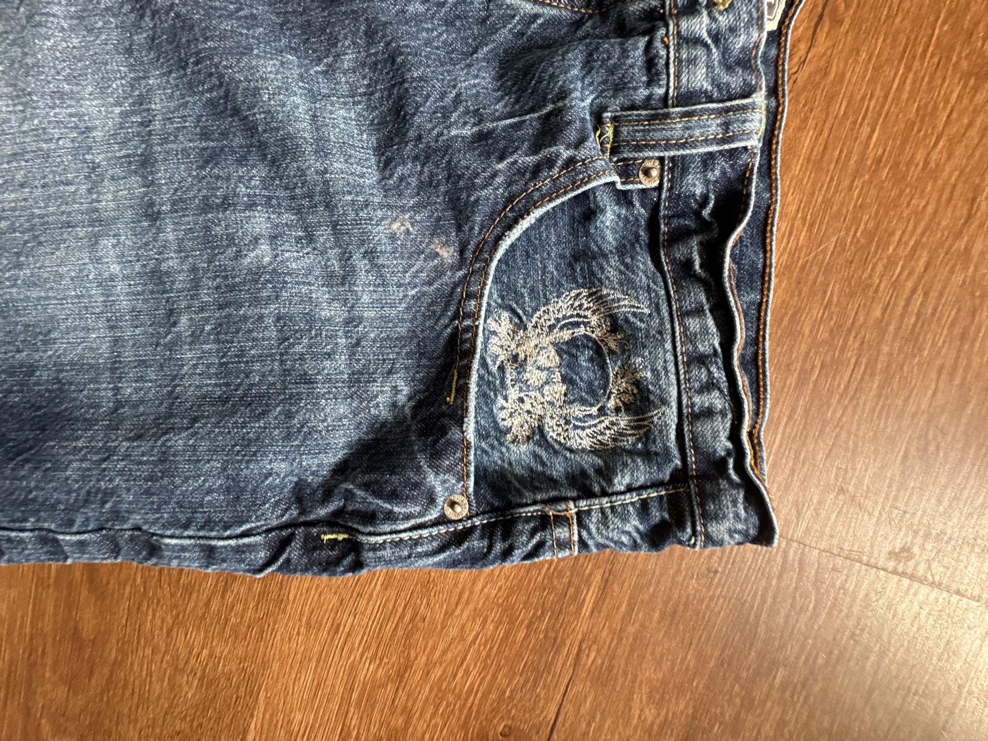 Route 66 Denim Shorts Size 38 Blue Embroidered Skull Jorts Y2K 2