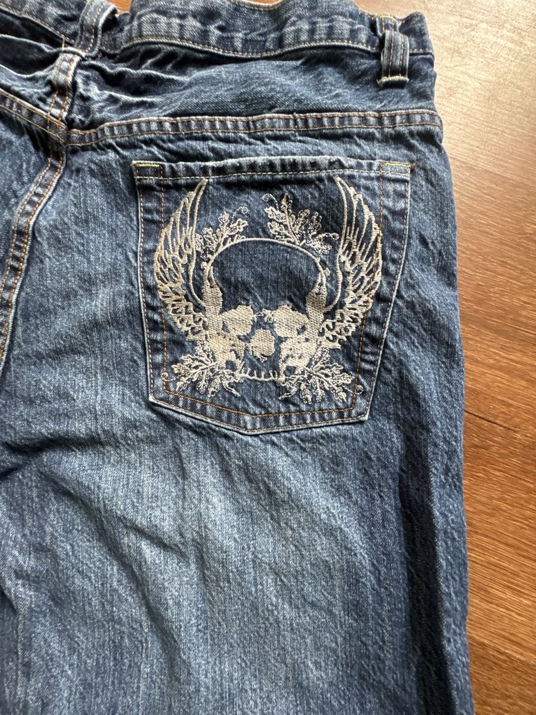 Route 66 Denim Shorts Size 38 Blue Embroidered Skull Jorts Y2K 5