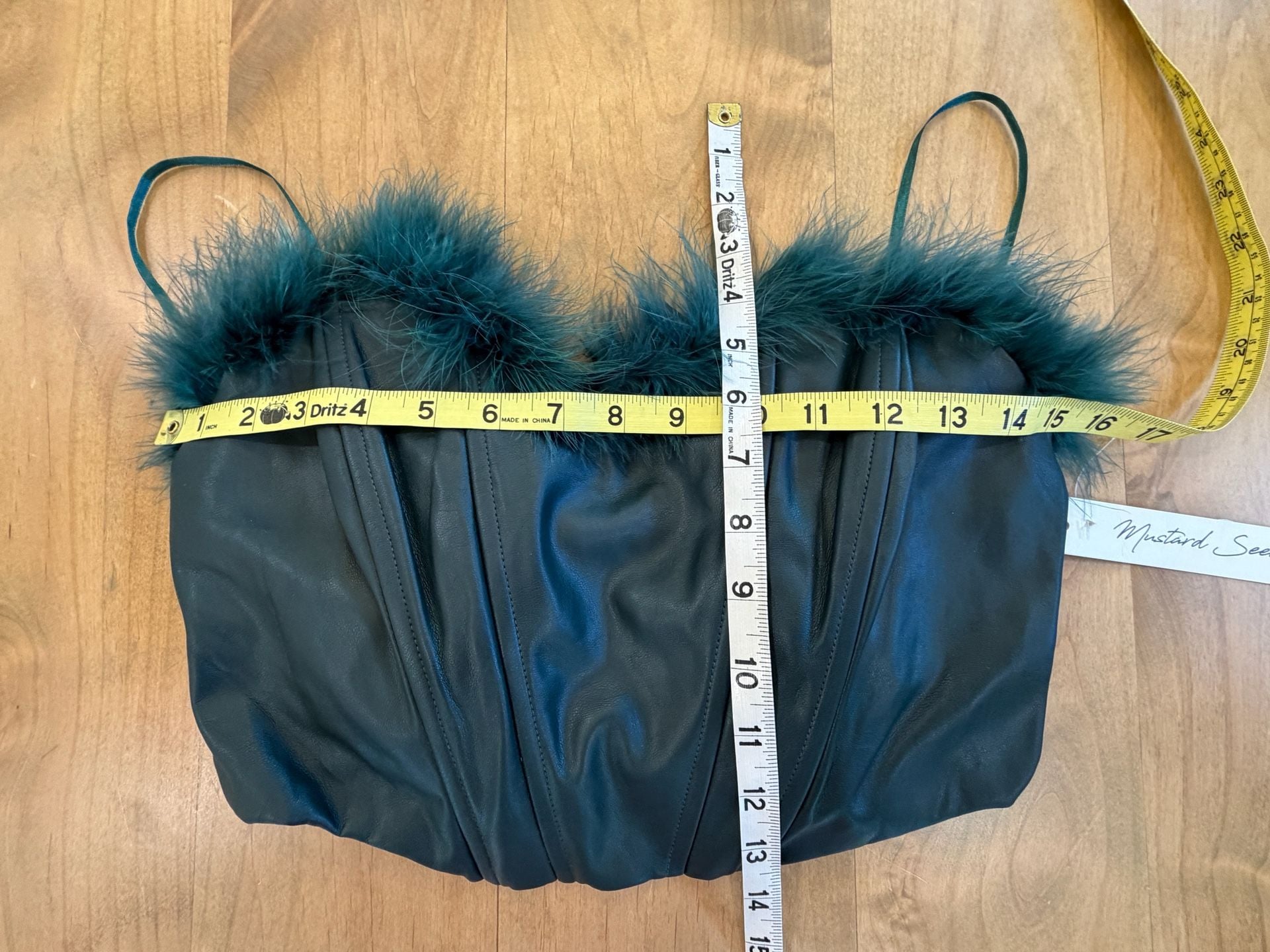 Mustard Seed Faux Leather Corset Top With Feather Trim Green Medium 2