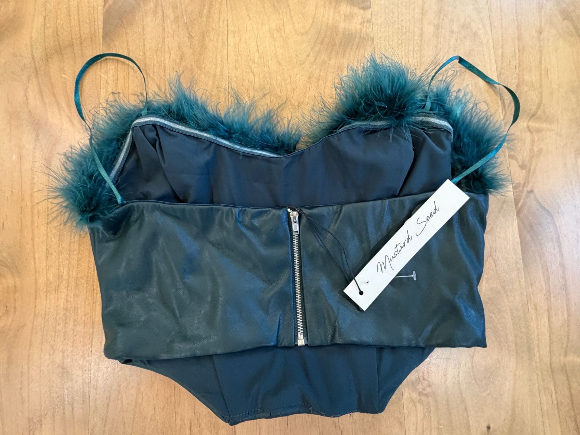 Mustard Seed Faux Leather Corset Top With Feather Trim Green Medium 3