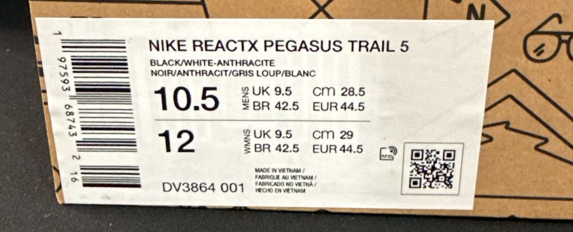 Nike ReactX Pegasus Trail 5 Size 10.5 Black White Anthracite 5