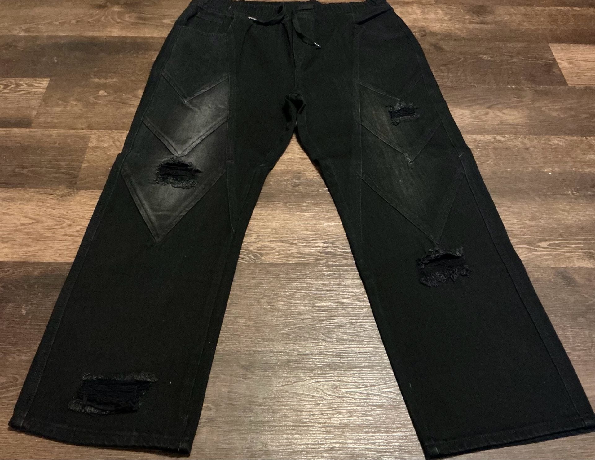 Watson Distressed Diamond Panel Baggy Denim Jeans – Jet Black 3