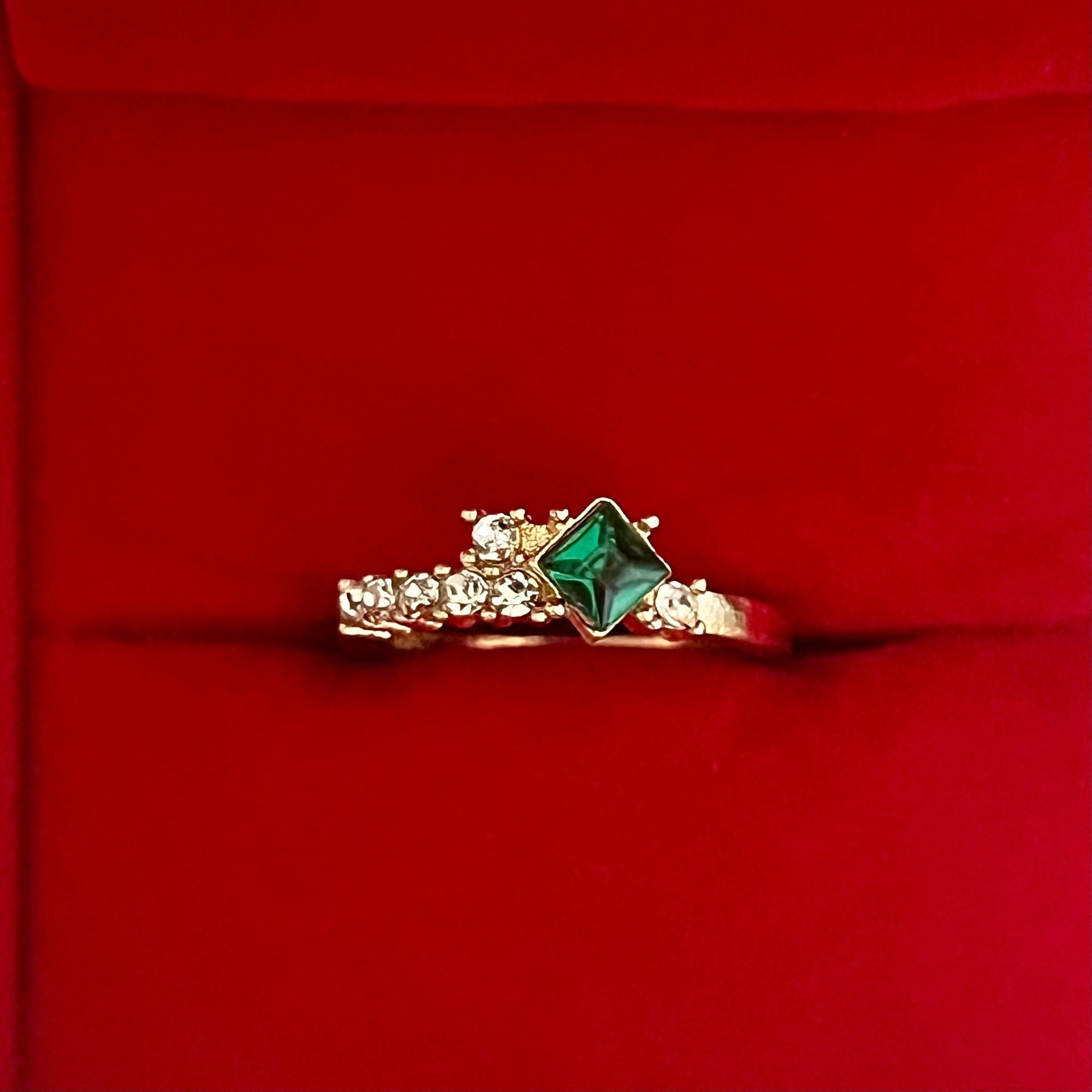 Princess Cut Emerald Gold Ring with Accent Stones Titanium Steel Size 6 3