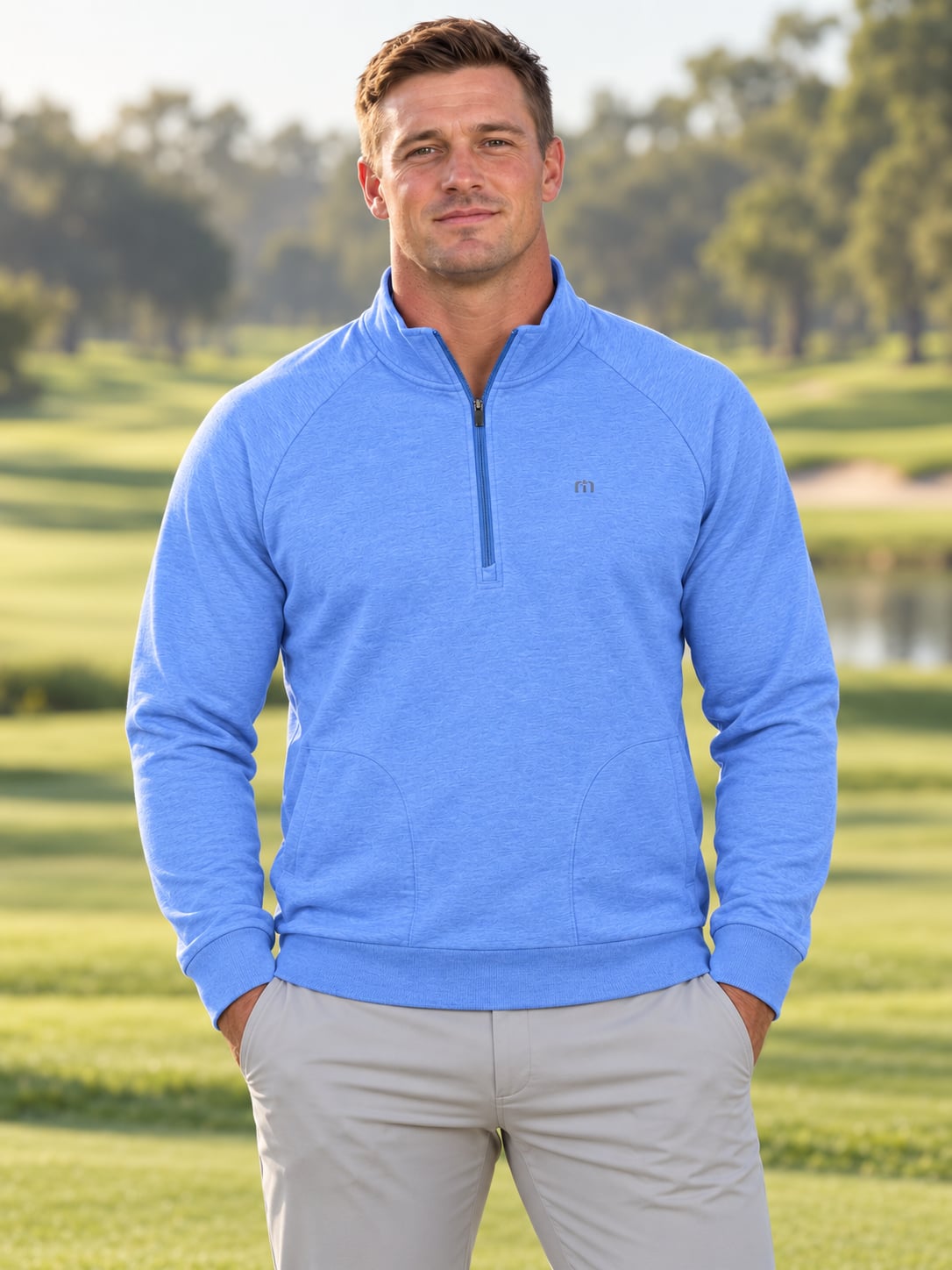 TravisMathew Men’s XL Blue Heather Quarter Zip Golf Pullover Pockets 2
