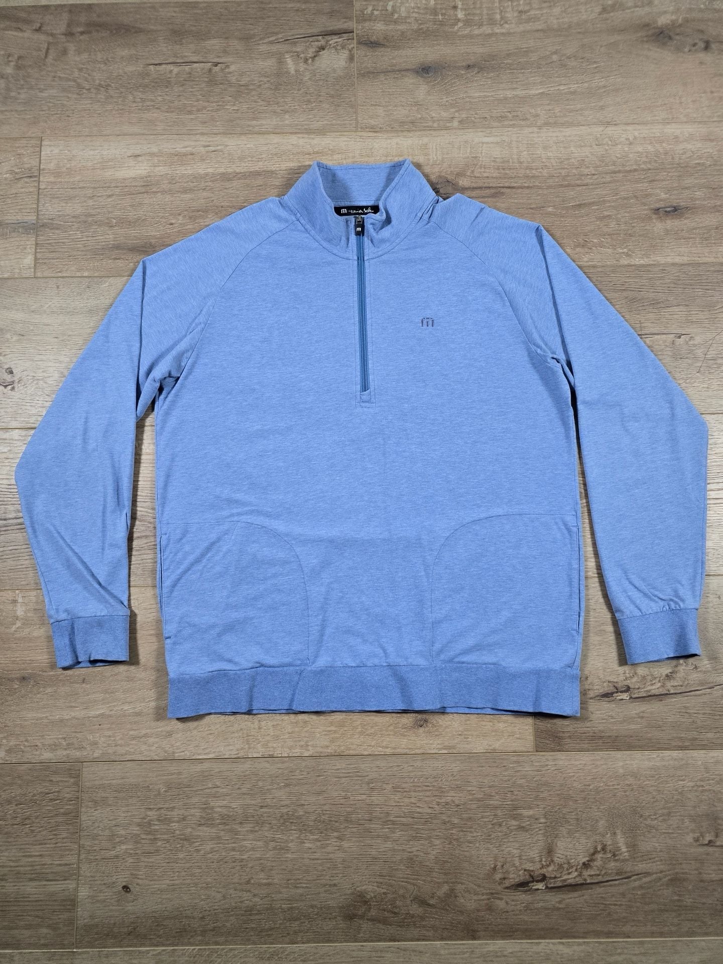 TravisMathew Men’s XL Blue Heather Quarter Zip Golf Pullover Pockets 3