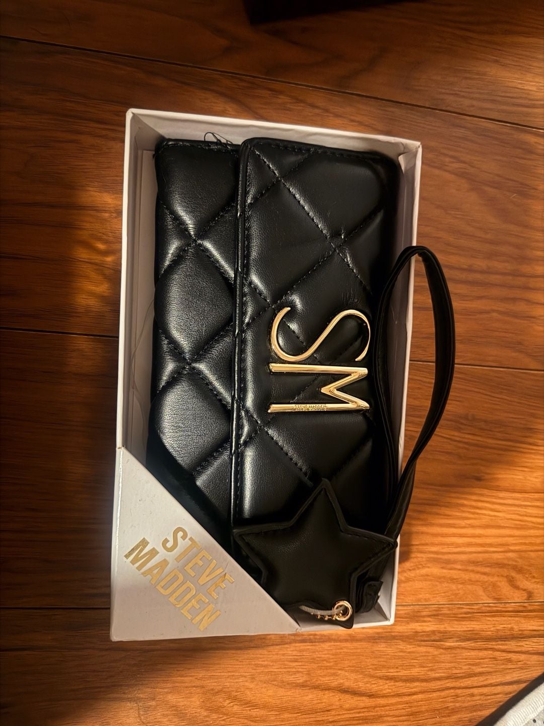 Steve Madden Quilted Wallet Black with Wrist Strap and Star Charm 1
