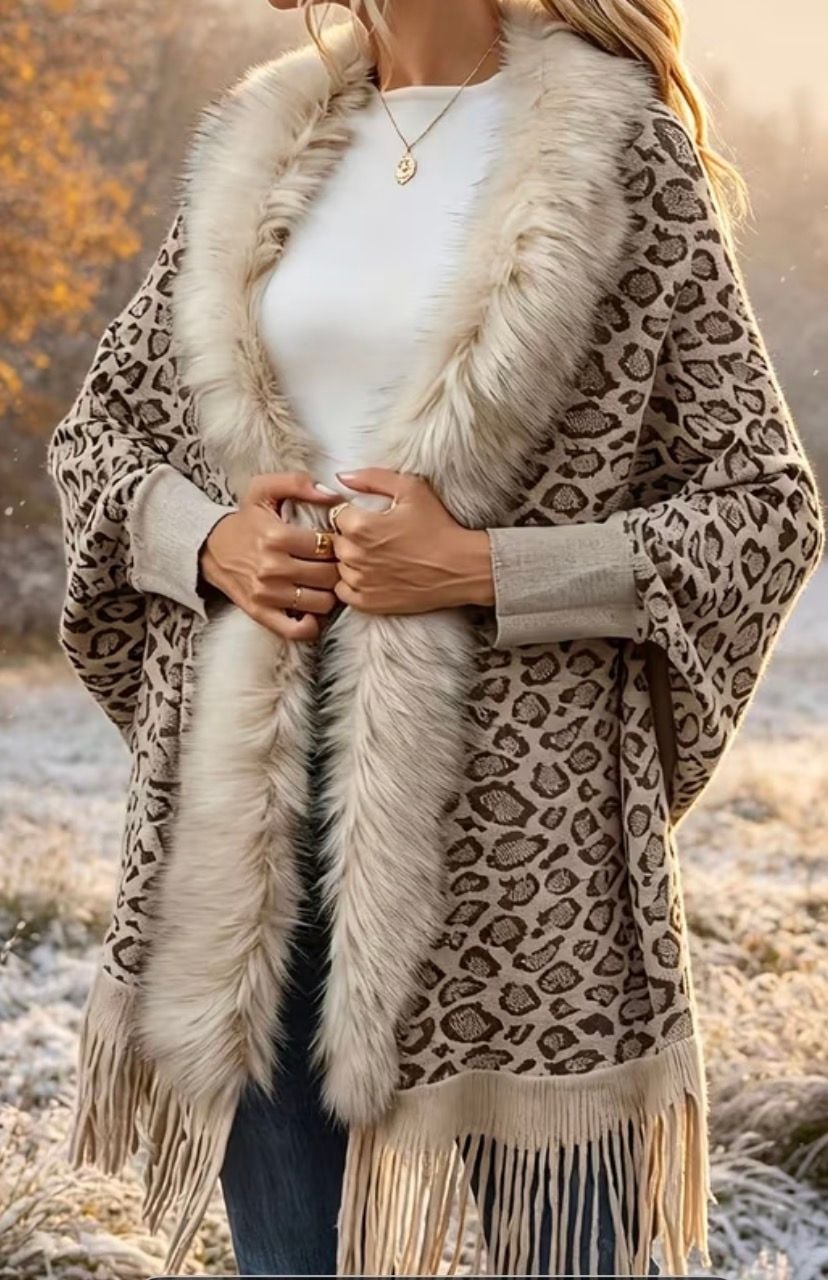 Leopard Print Faux Fur Collar Tassel Cardigan Sweater Coat 3