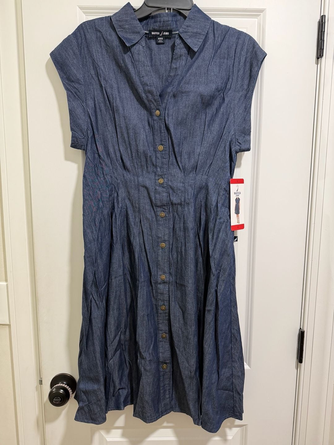 Nautica Jeans Denim Shirtdress Size M Dark Blue Chambray Button Front 1