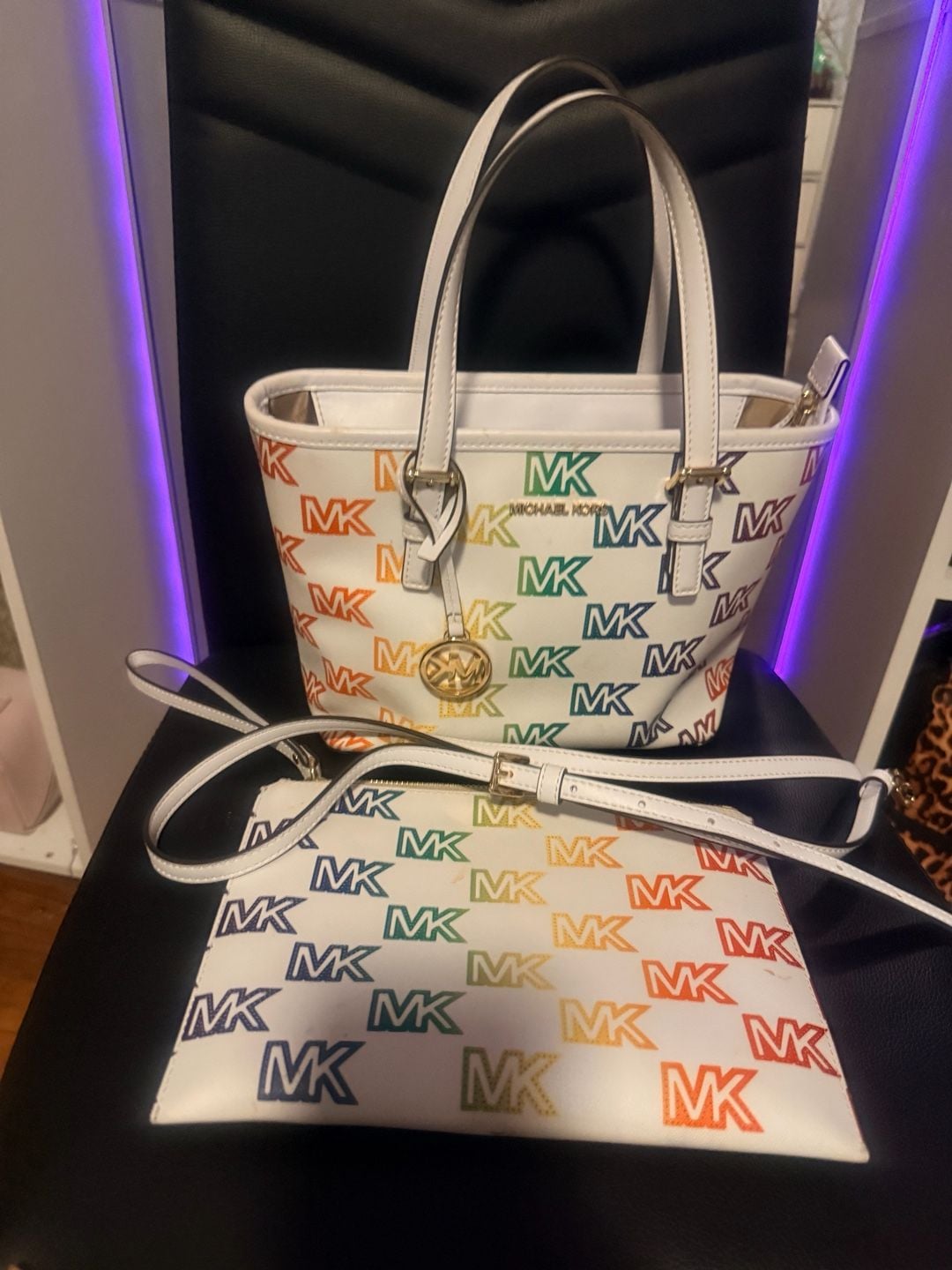 Michael Kors Jet Set Travel XS Carryall Tote Bag White Rainbow wristlet included 2
