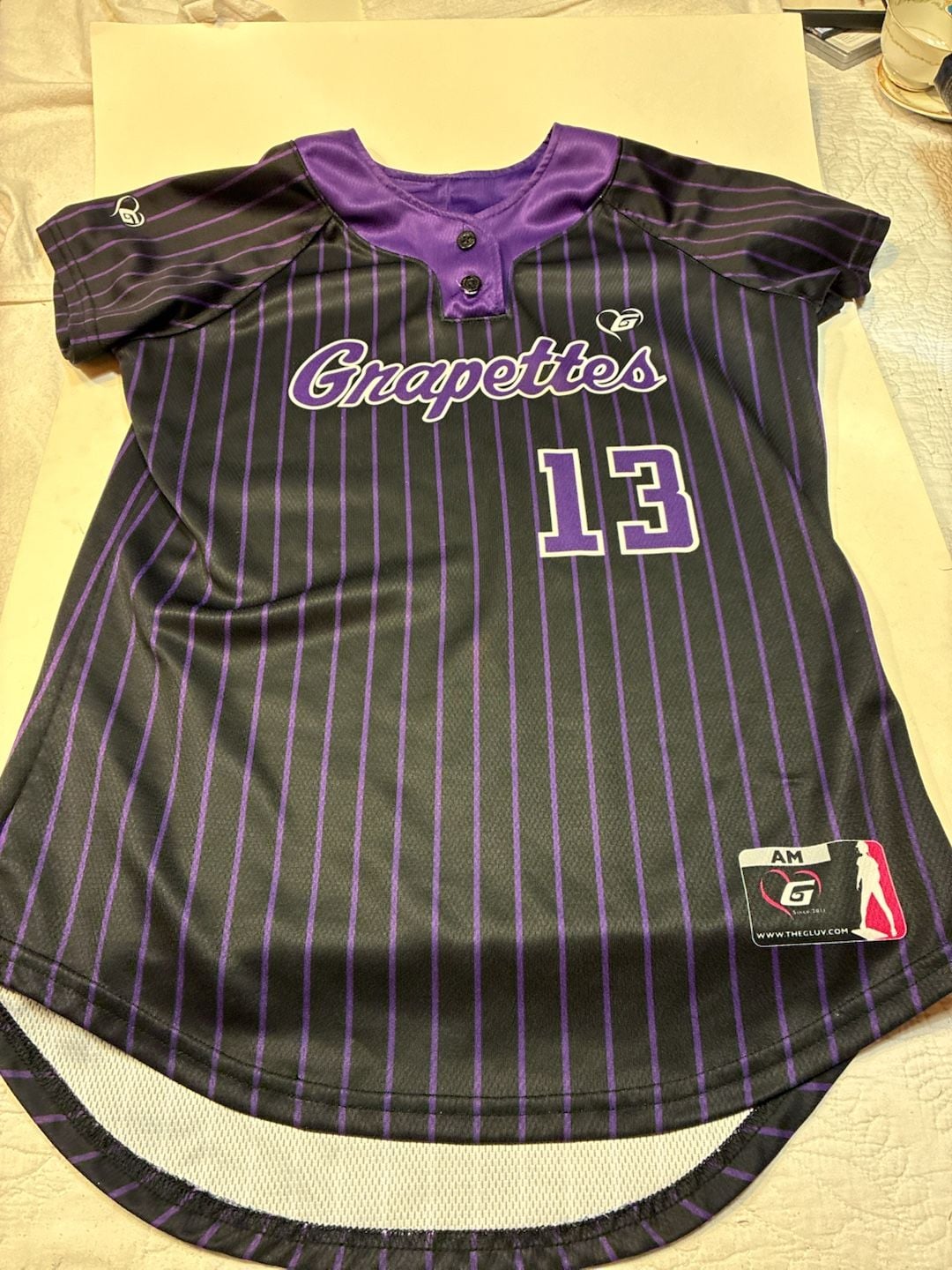 The Gluv Grapettes Pinstripe Softball Jersey 13 Black Purple 2
