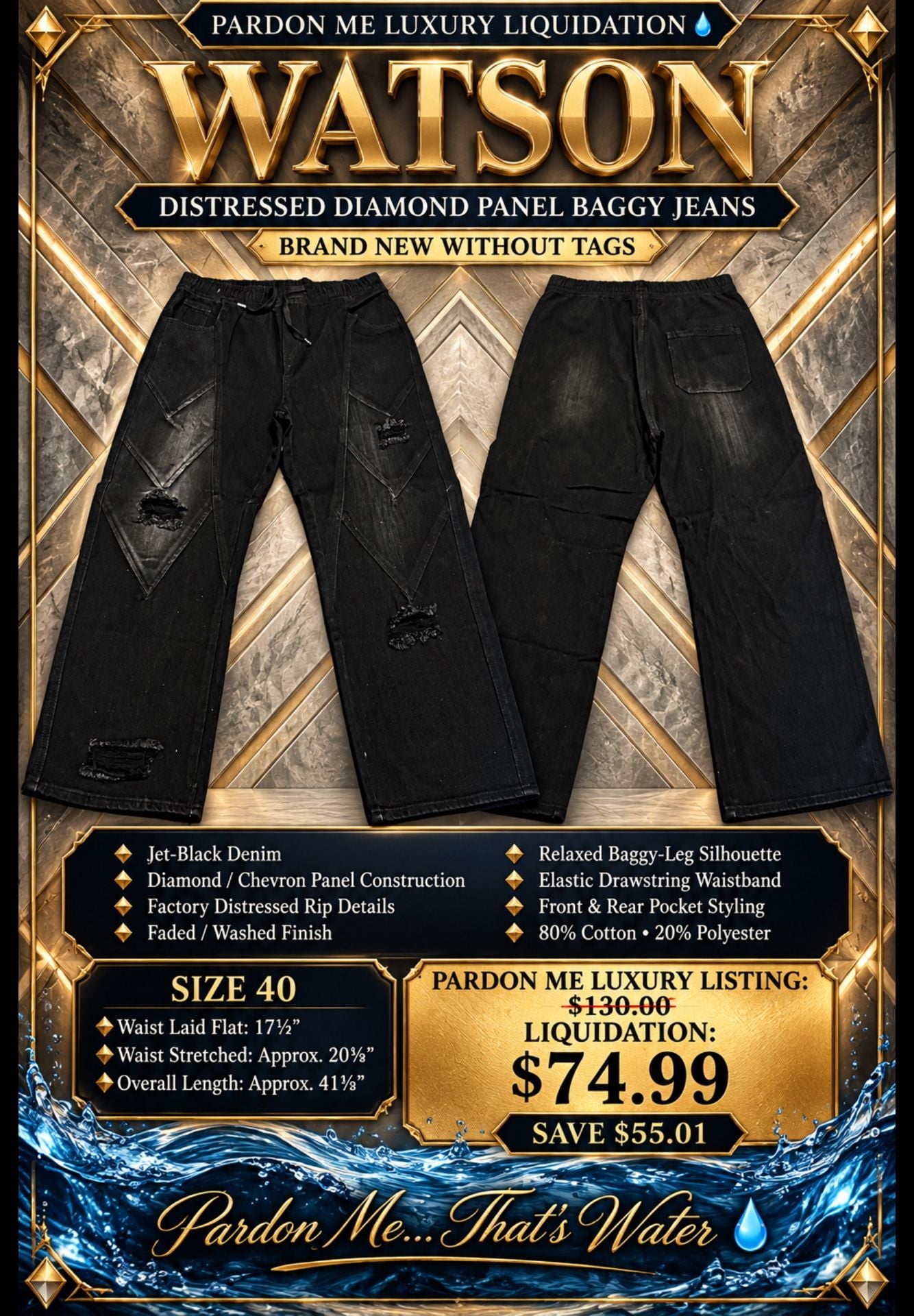 Watson Distressed Diamond Panel Baggy Denim Jeans – Jet Black 2
