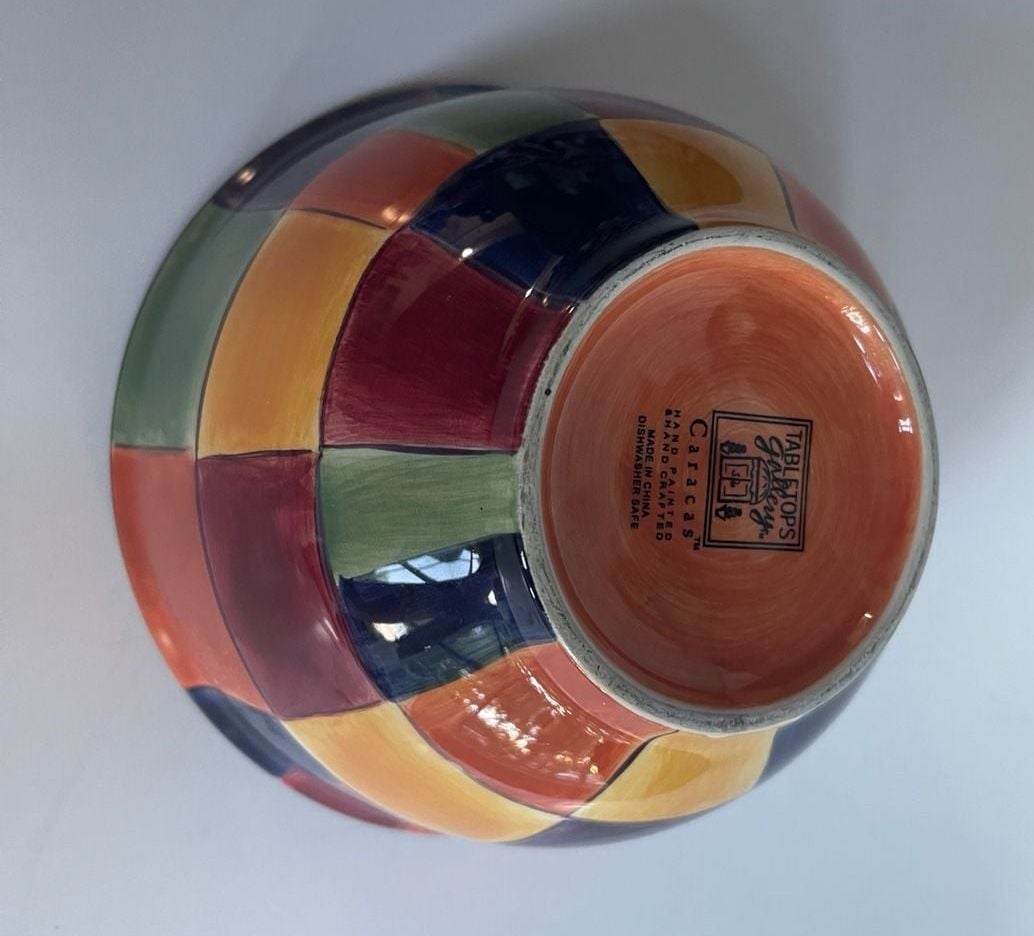 Tabletops Gallery Caracas Multicolor Hand Painted Checkered Bowl 6