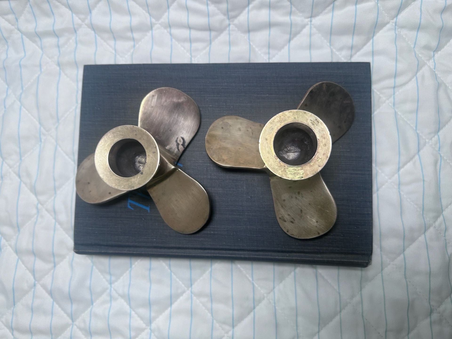 Vintage Brass Propeller Candlestick Holders Nautical Pair 2
