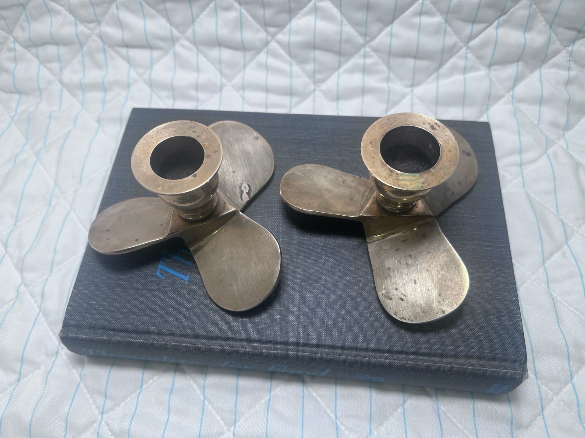 Vintage Brass Propeller Candlestick Holders Nautical Pair 3