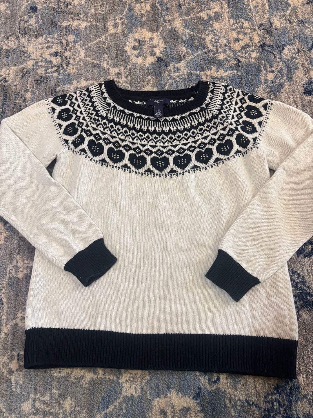 GapKids Sweater Size XL White Black Fair Isle Heart Pattern Crewneck 2