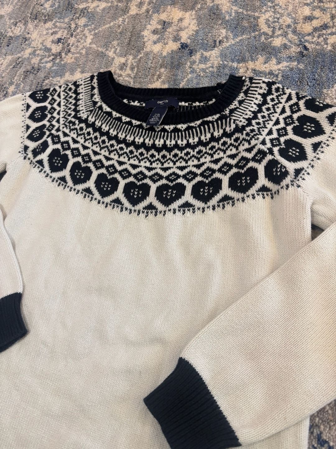 GapKids Sweater Size XL White Black Fair Isle Heart Pattern Crewneck 3