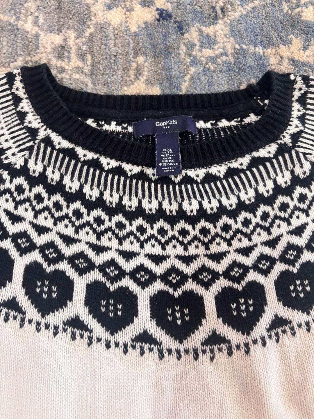 GapKids Sweater Size XL White Black Fair Isle Heart Pattern Crewneck 4