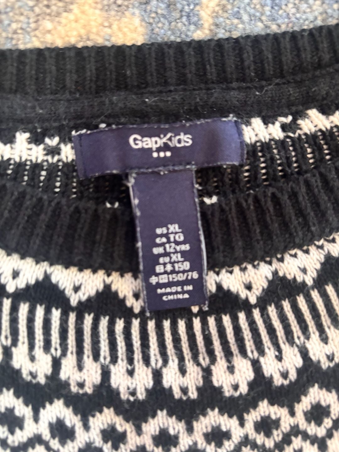 GapKids Sweater Size XL White Black Fair Isle Heart Pattern Crewneck 5