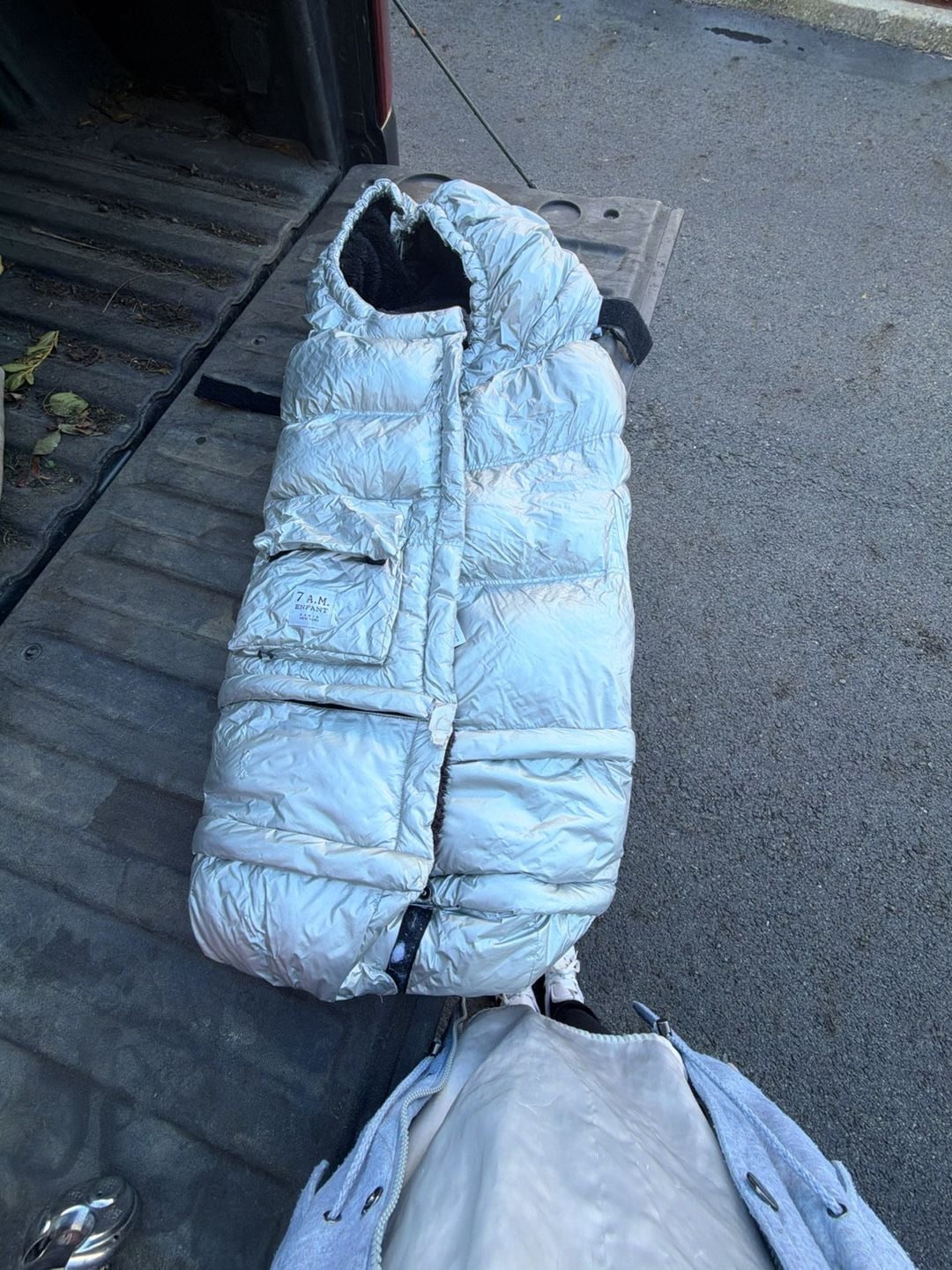 7 A.M. Enfant Stroller Footmuff Silver Metallic Puffer Fleece Lining 2