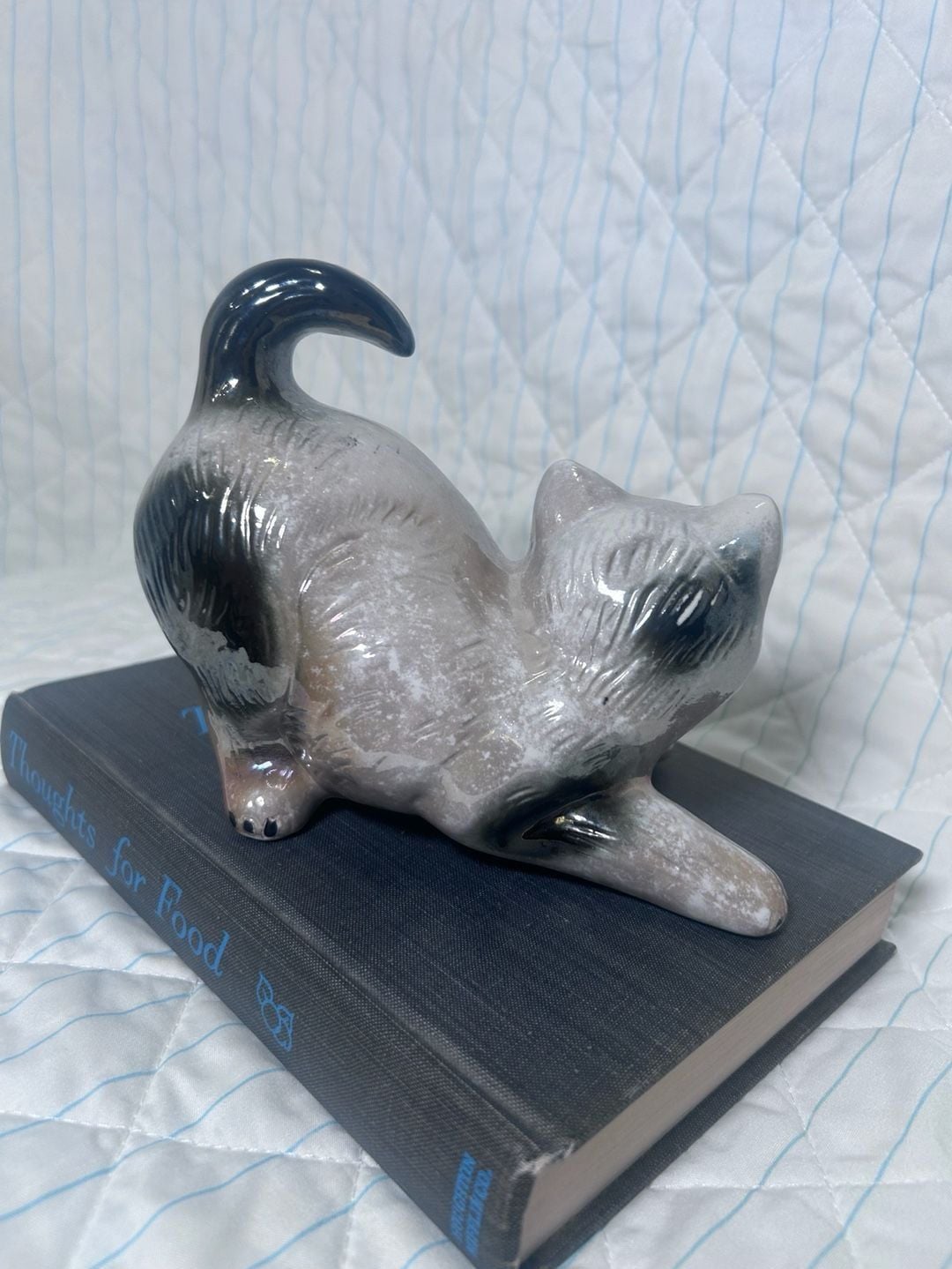 Vintage Ceramic Stretching Kitten Figurine Glossy Gray Cat Statue 5