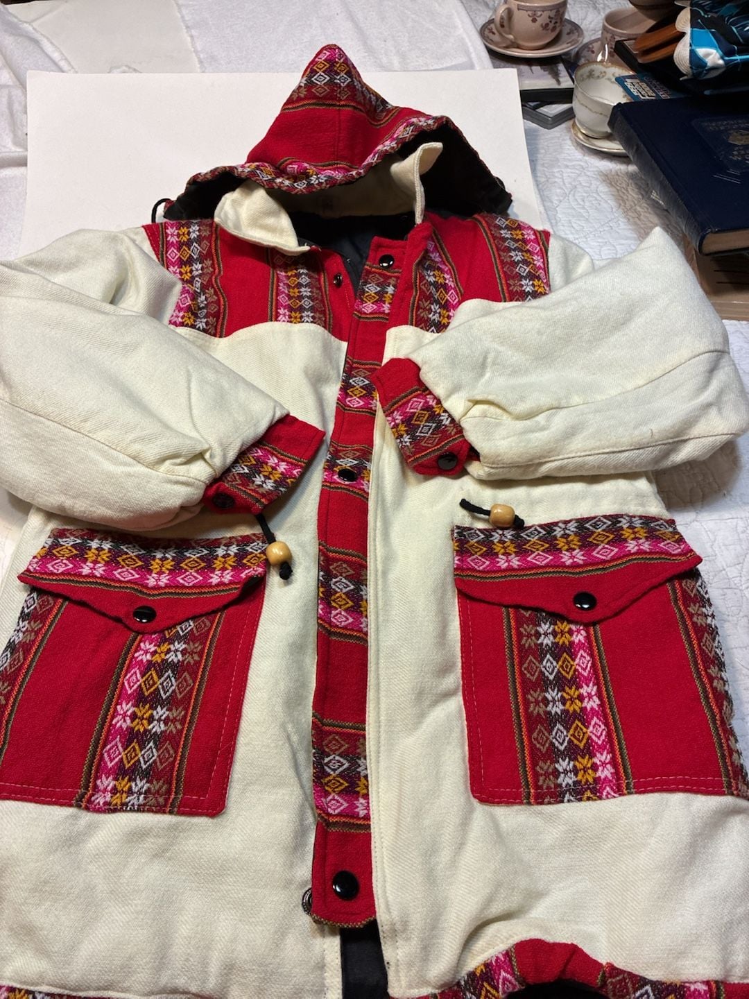 Vintage Handcrafted Hooded Jacket Red White Geometric Print Size M 1