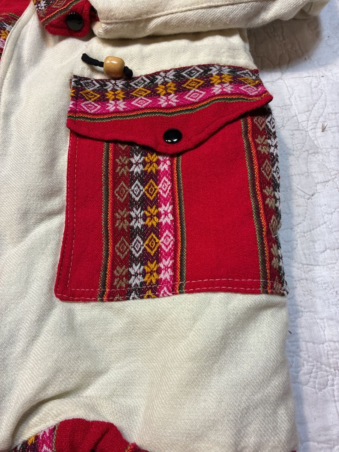 Vintage Handcrafted Hooded Jacket Red White Geometric Print Size M 2