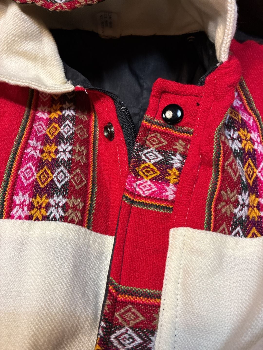 Vintage Handcrafted Hooded Jacket Red White Geometric Print Size M 6