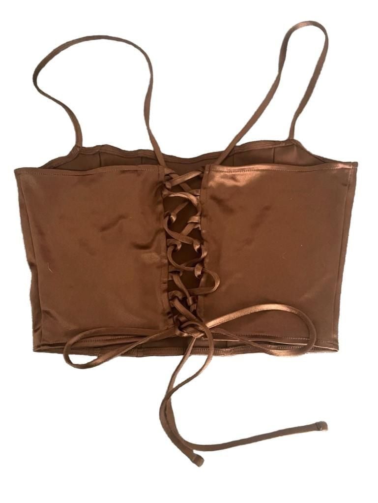 H&M Brown Satin Corset Lace-Up Crop Top 3