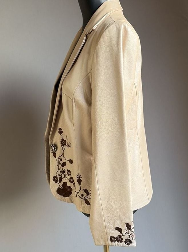 Lew Magram Leather Jacket Size 10 Beige Floral Embroidered Pig Nappa Blazer 3