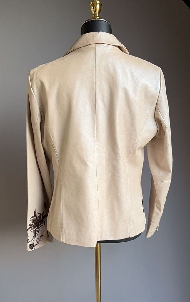 Lew Magram Leather Jacket Size 10 Beige Floral Embroidered Pig Nappa Blazer 4