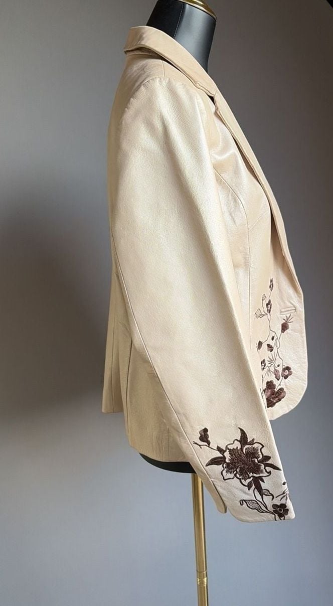 Lew Magram Leather Jacket Size 10 Beige Floral Embroidered Pig Nappa Blazer 5