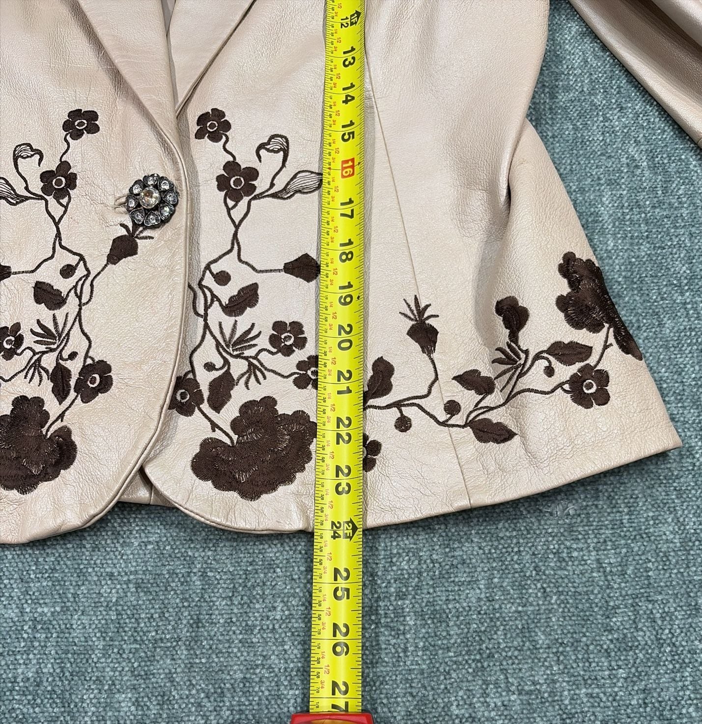 Lew Magram Leather Jacket Size 10 Beige Floral Embroidered Pig Nappa Blazer 10