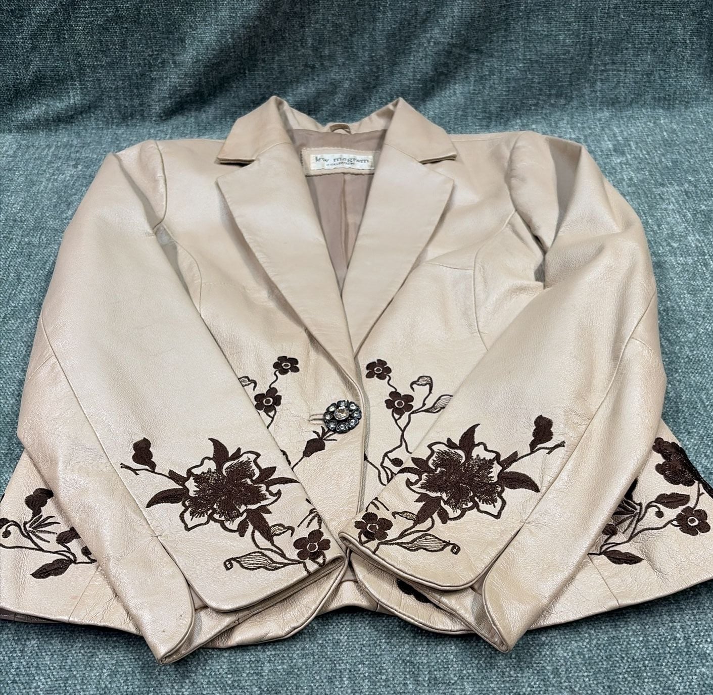 Lew Magram Leather Jacket Size 10 Beige Floral Embroidered Pig Nappa Blazer 14