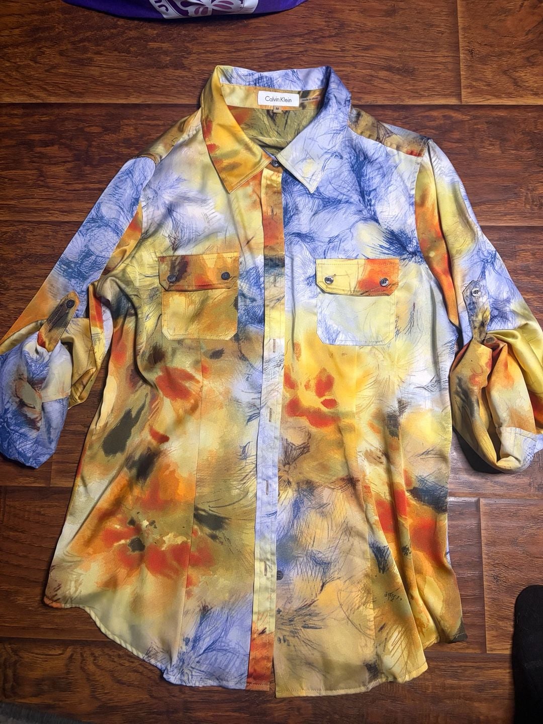 Calvin Klein Button Down Shirt Size M Yellow Blue Floral Watercolor 2