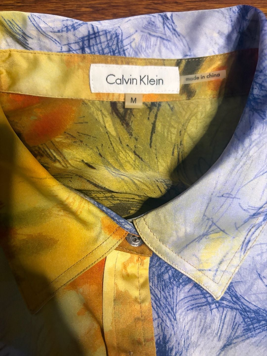 Calvin Klein Button Down Shirt Size M Yellow Blue Floral Watercolor 3
