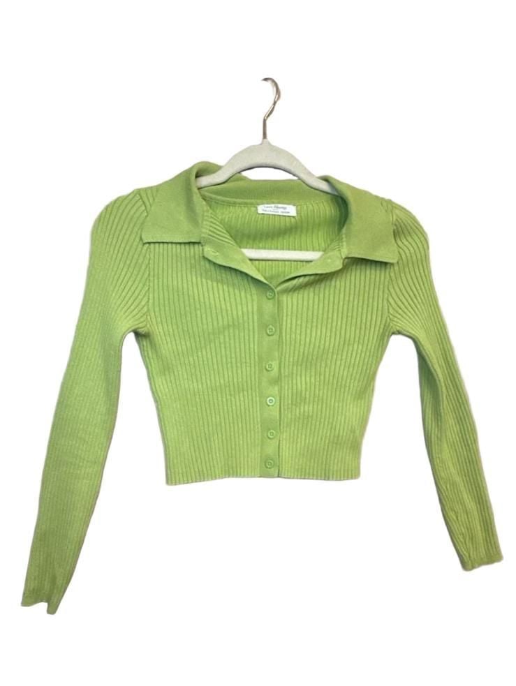 Love Always Ribbed Collared Button-Up Size Medium Green Cardigan 4