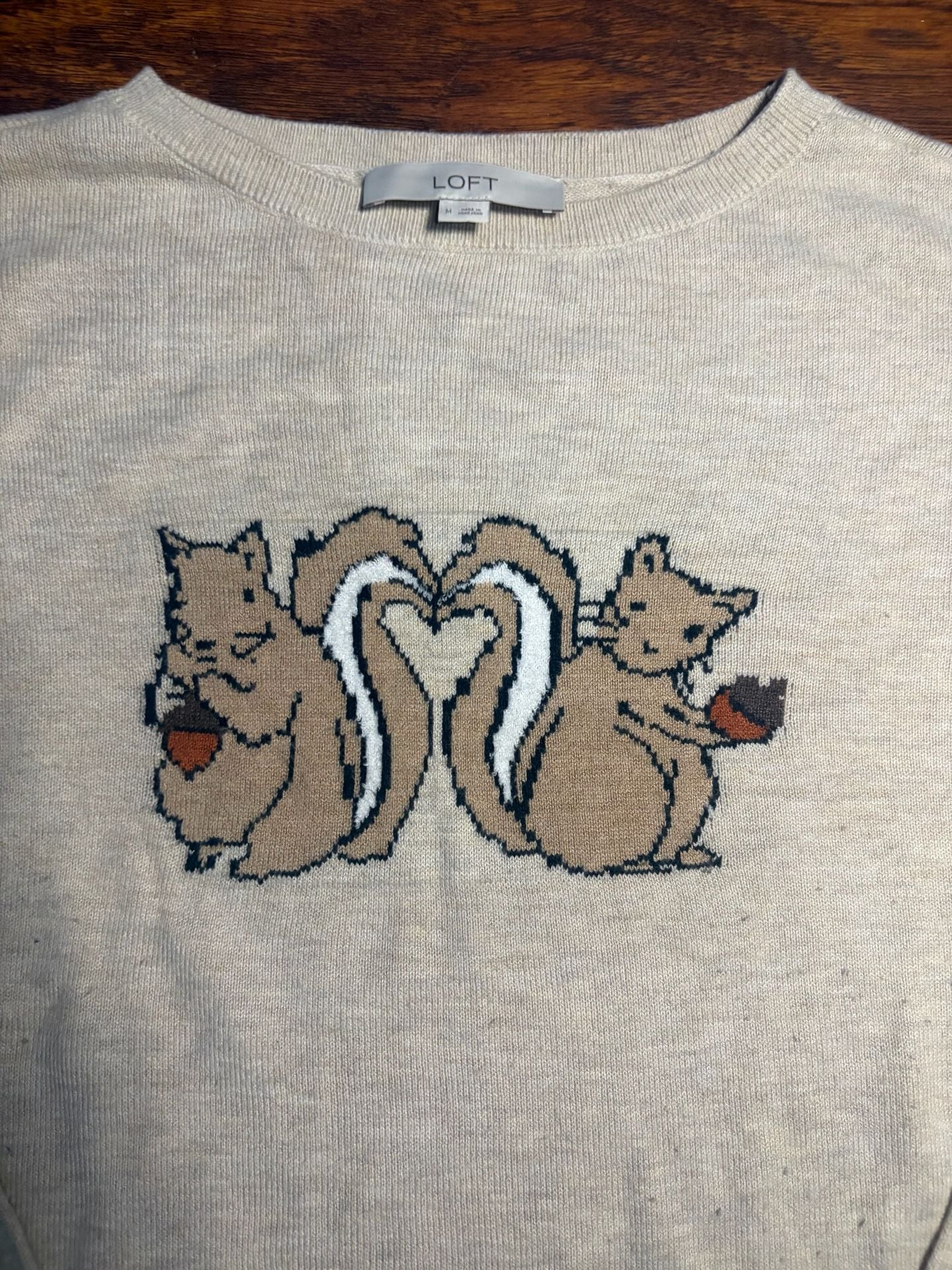 LOFT Squirrel Sweater Size M Beige Heart Tails Graphic Pullover 4