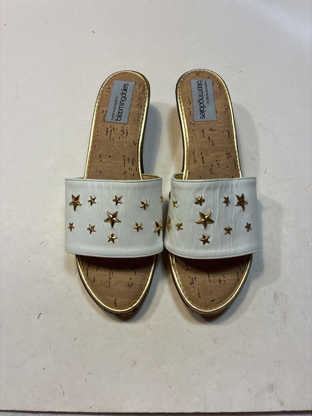 Bloomingdale's White Gold Star Studded Cork Wedge Slide Sandals 2