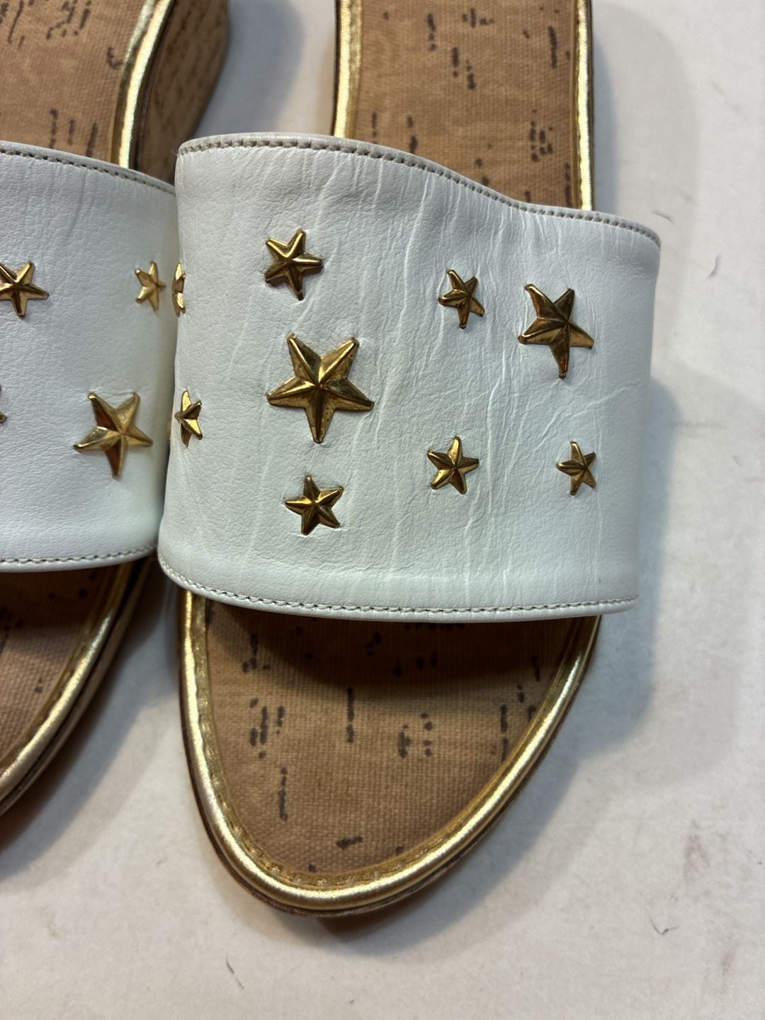 Bloomingdale's White Gold Star Studded Cork Wedge Slide Sandals 3