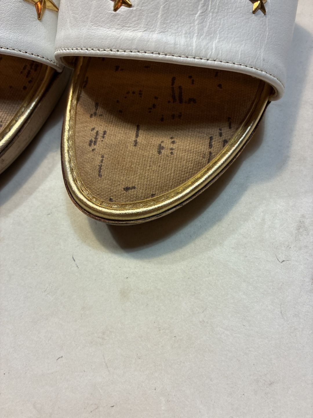Bloomingdale's White Gold Star Studded Cork Wedge Slide Sandals 4