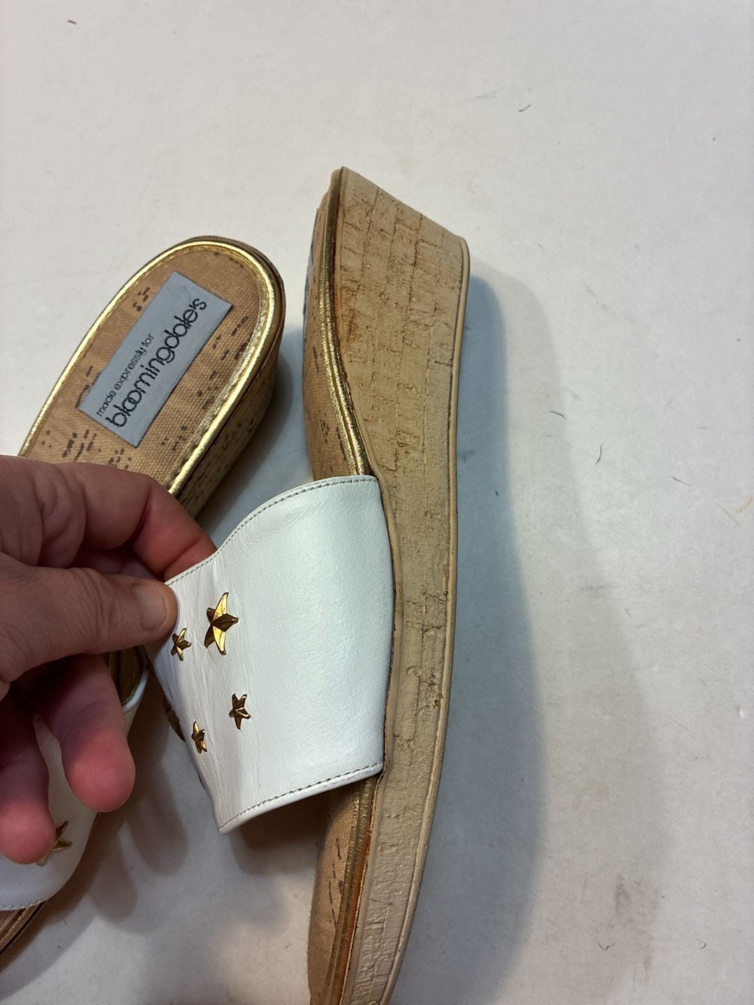 Bloomingdale's White Gold Star Studded Cork Wedge Slide Sandals 6