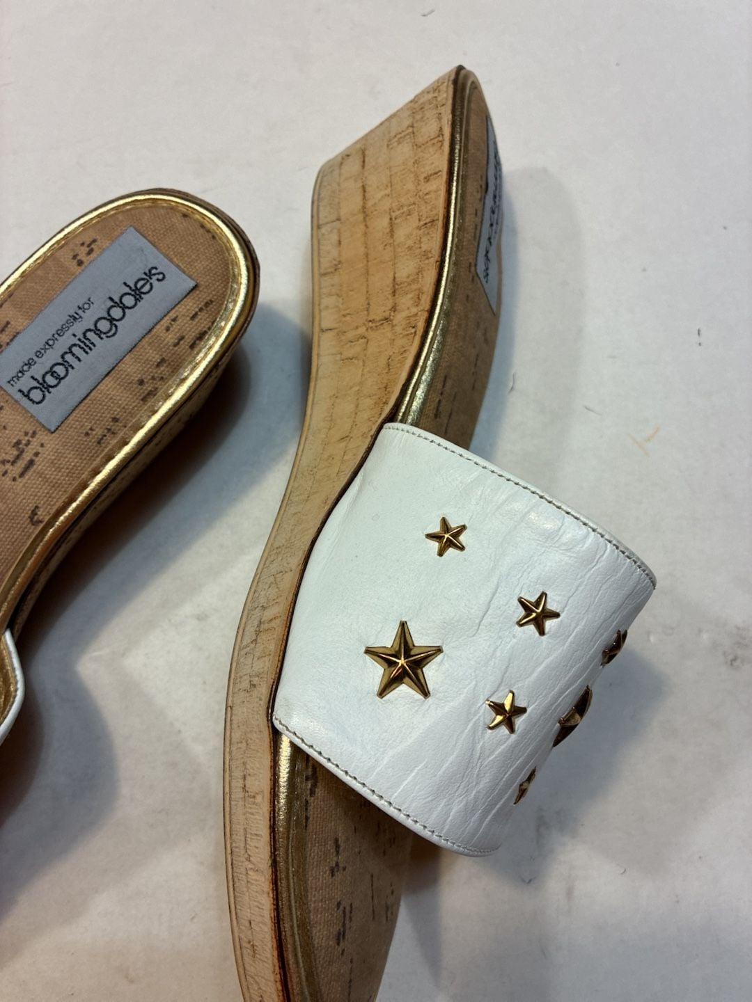 Bloomingdale's White Gold Star Studded Cork Wedge Slide Sandals 7