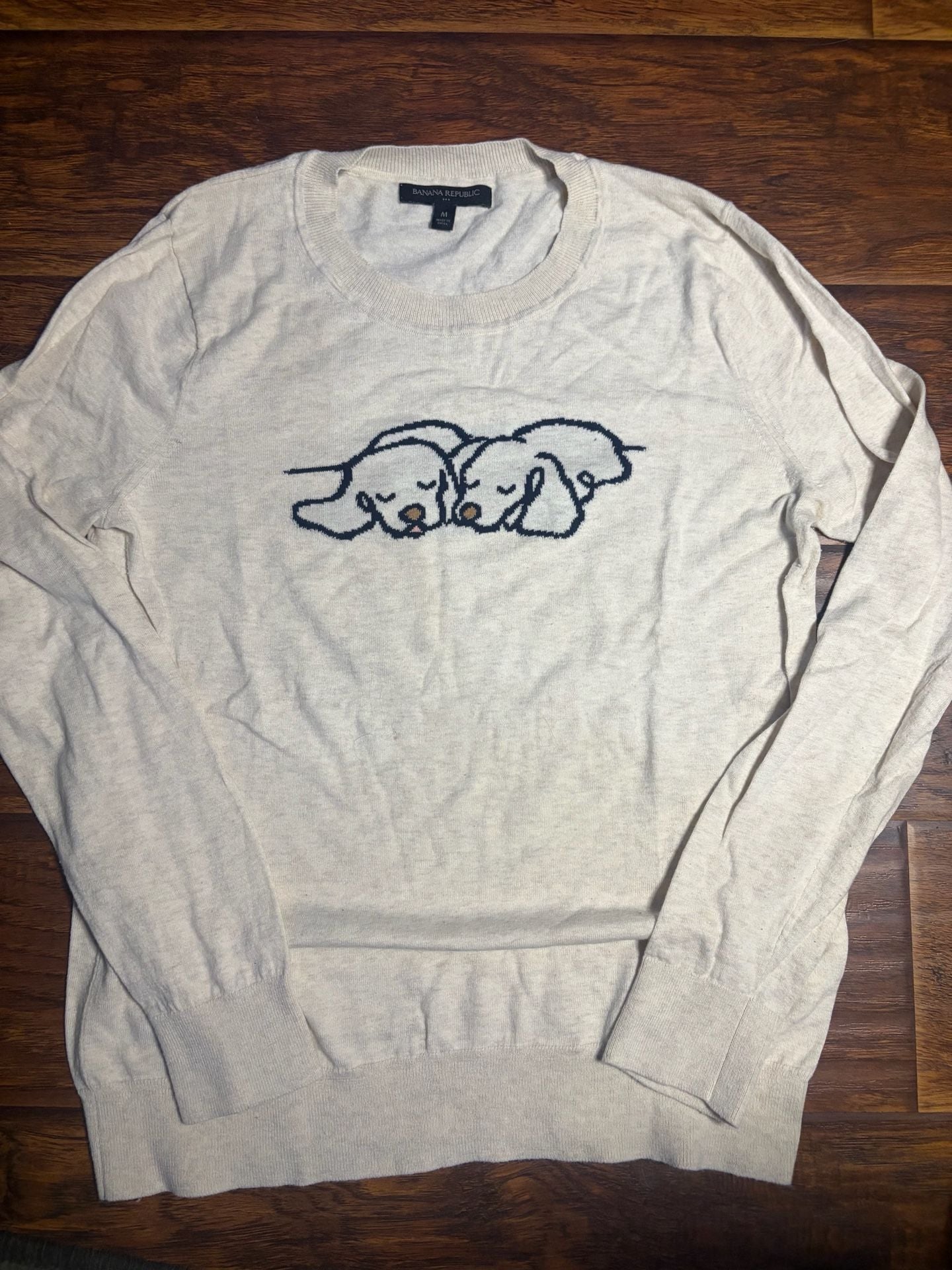Banana Republic Puppy Sweater Size M Cream Long Sleeve Dog Graphic 2