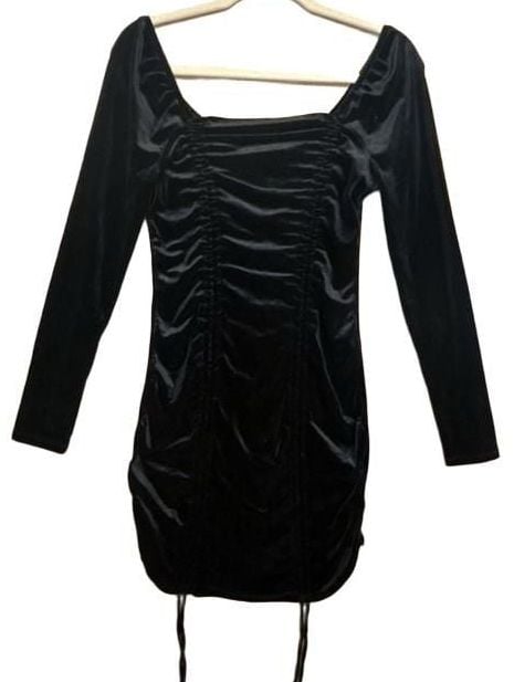 Wild Fable Black Velvet Ruched Long Sleeve Dress Size M 2
