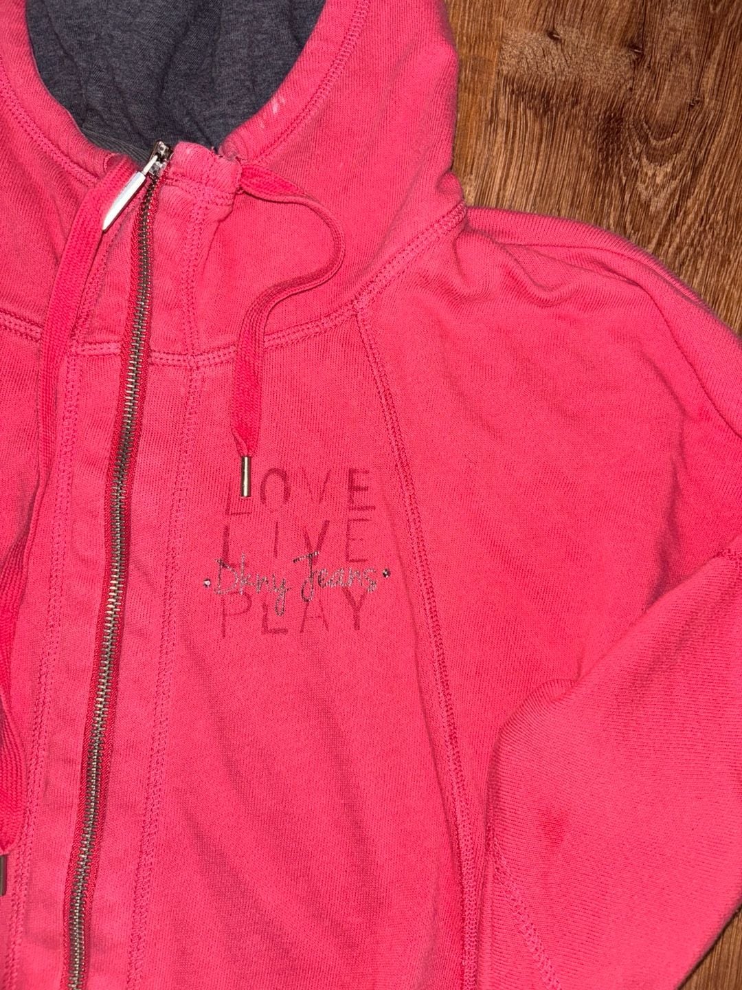 DKNY Jeans Full Zip Hoodie Size L Pink Floral Rhinestone 3