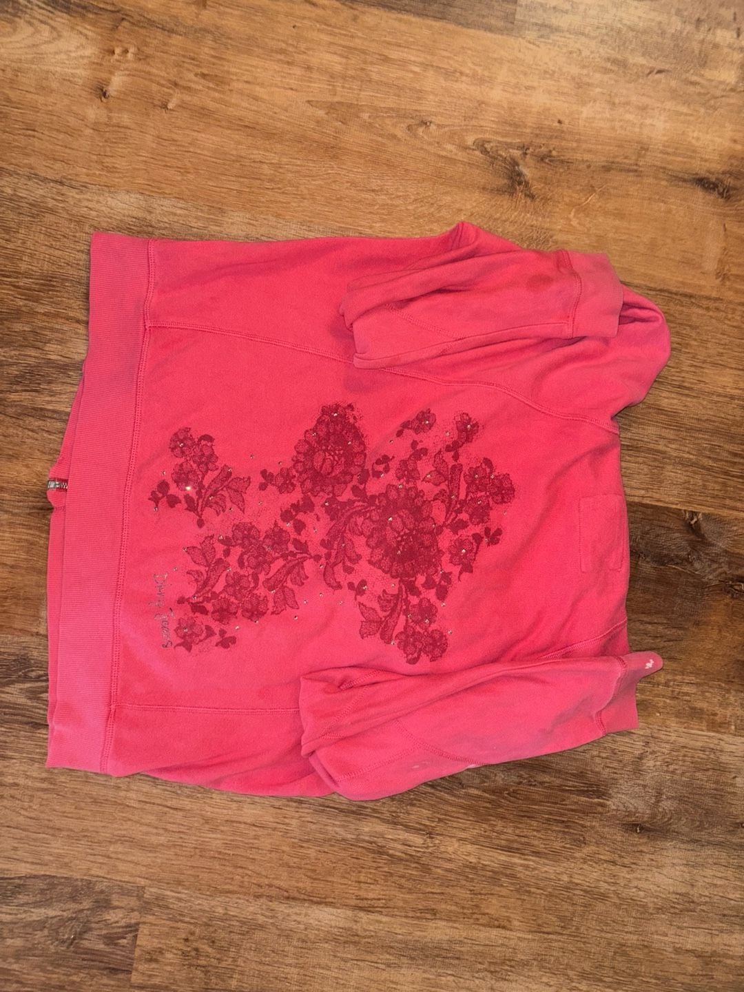 DKNY Jeans Full Zip Hoodie Size L Pink Floral Rhinestone 4
