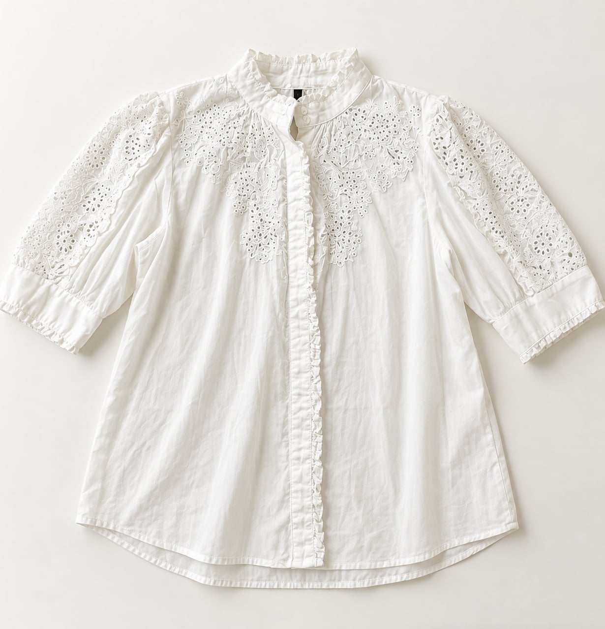 J.Crew Ruffle Neck Eyelet Embroidered Blouse Size L White (b1) 2