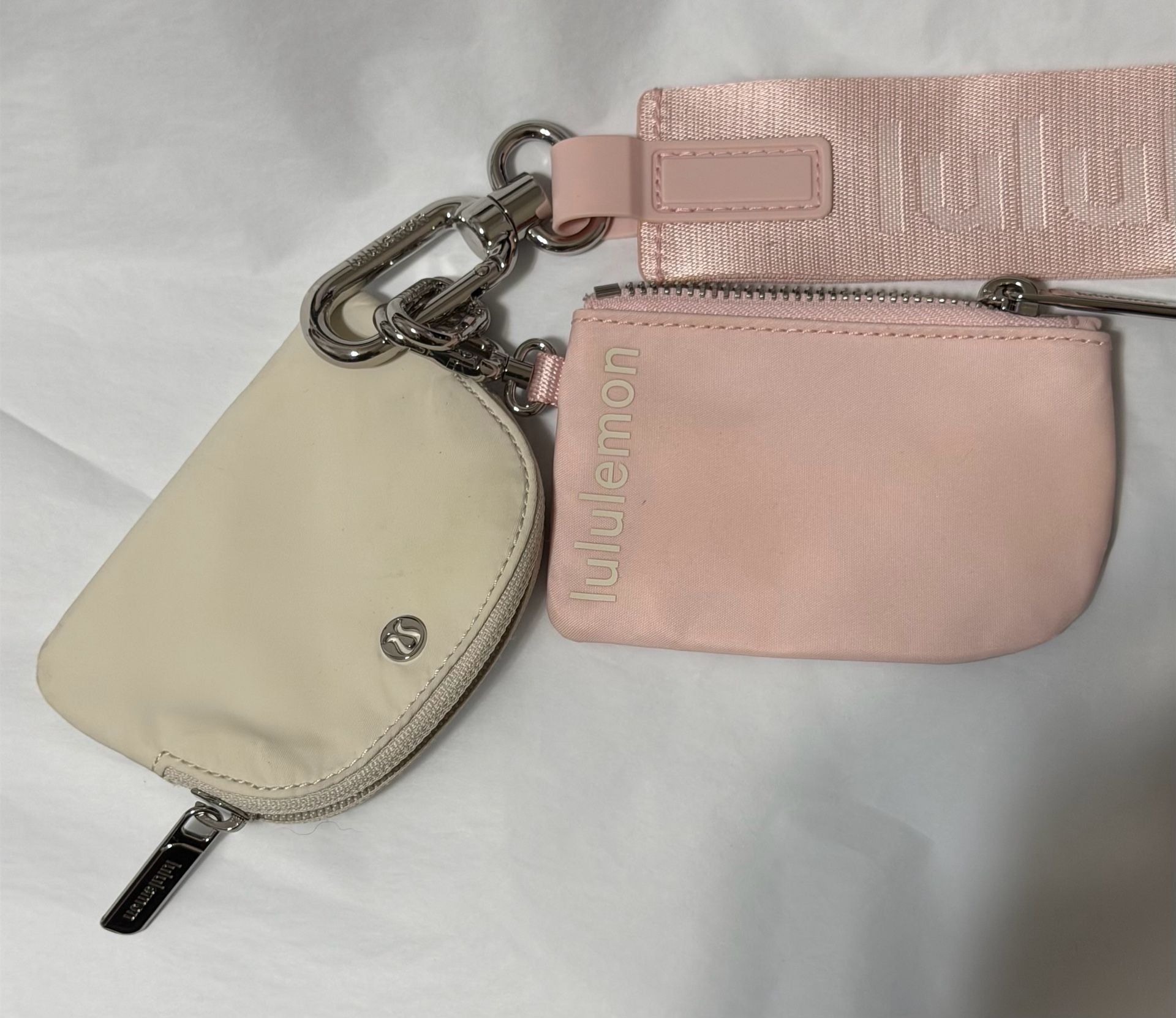 Lululemon Dual Pouch Wristlet Metallic Wordmark Pink Pastel White Opal 2